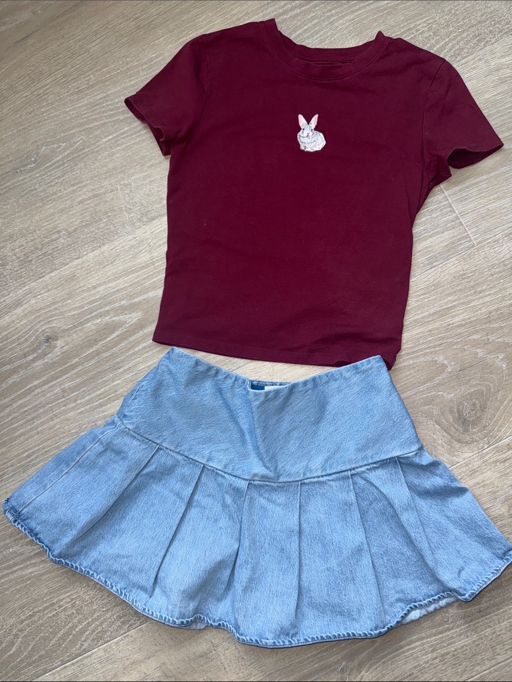 Burgundy Bunny Patch Crop Tee with Light Blue Denim Pleated Mini Skirt